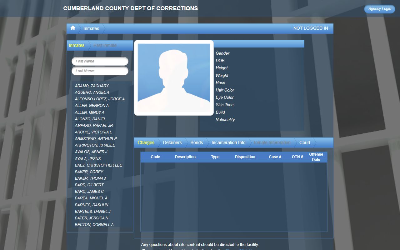Cumberland County inmate population roster search on BlueHorse